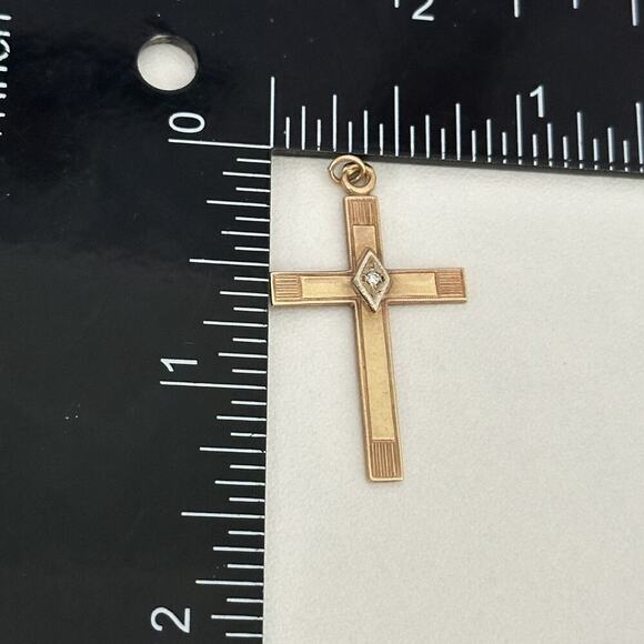 Vintage 14K Yellow Gold Diamond Etched Cross Religious Charm Pendant - Picture 8 of 12